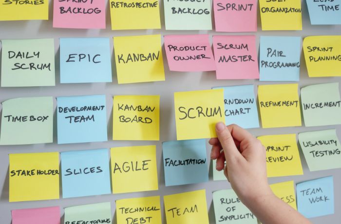Agiles Arbeiten sichtbar machen Bunte Haftnotizen mit Begriffen aus der agilen Arbeitsweise wie „Scrum“, „Kanban“, „Sprint“.