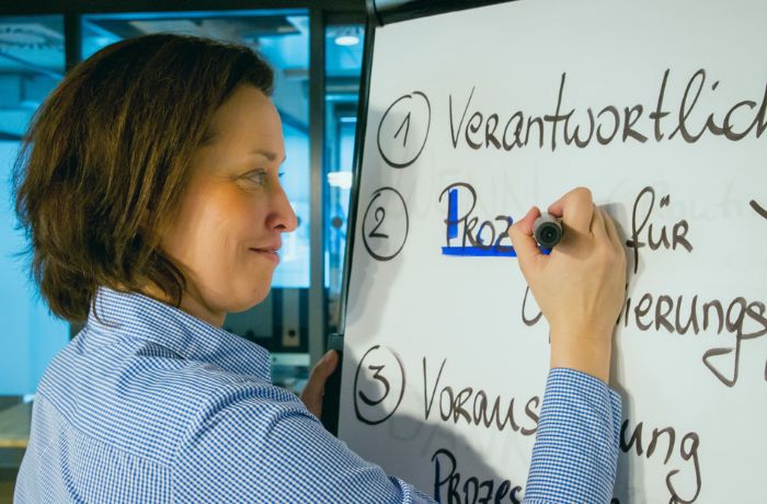 Julia schreibt das Wort „Prozesse“ auf ein Flipchart in einem modernen Büro. 